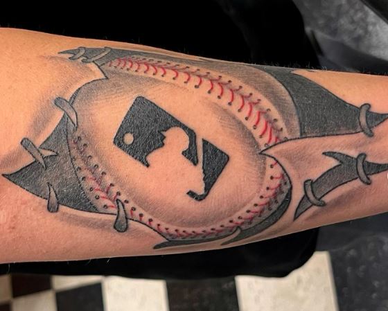 Ripped Skin and Baseball Ball with MLB Logo Arm Tattoo