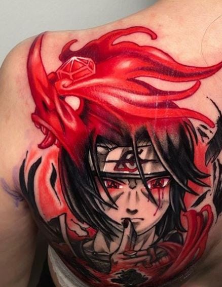 Black and Red Itachi Uchiha Shoulder Tattoo