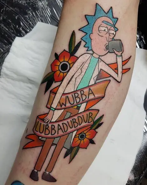 Colorful Flowers and Rick Sanchez with Ribbon Tattoo