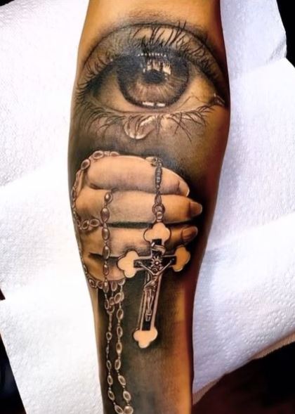 Crying Eye and Hand Holding Rosary Forearm Sleeve Tattoo