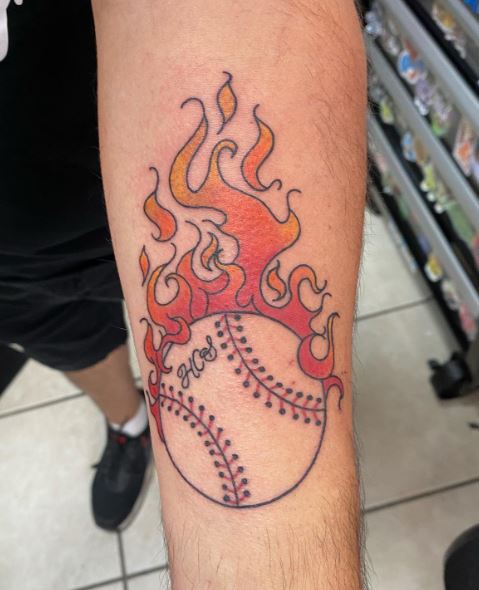 Baseball Ball on Fire Forearm Tattoo