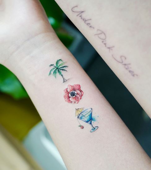 Colorful Minimalistic Cocktail, Flower and Palm Tree Forearm Tattoo