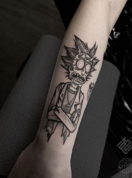 Black and Grey Rick with Googles Forearm Tattoo