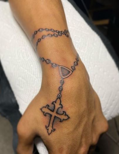 Black and Grey Rosary Wrist and Hand Tattoo