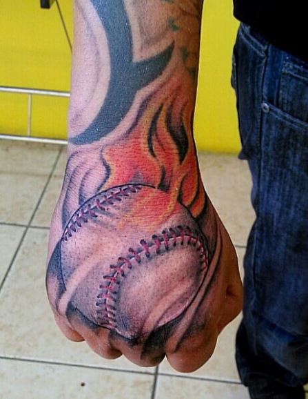 Baseball Ball on Fire Hand Tattoo