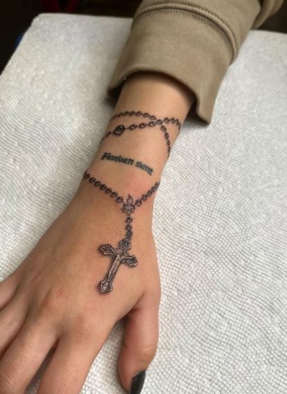 Rosary with Script Wrist Tattoo