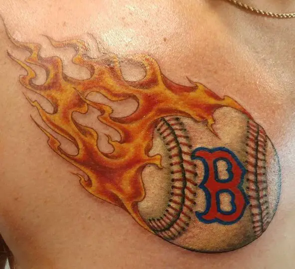 Flaming Boston Red Sox Baseball Ball Chest Tattoo