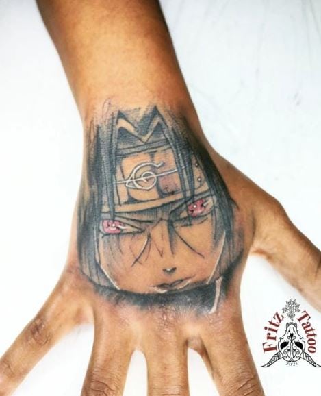 Black and Grey Itachi Uchiha Hand Tattoo