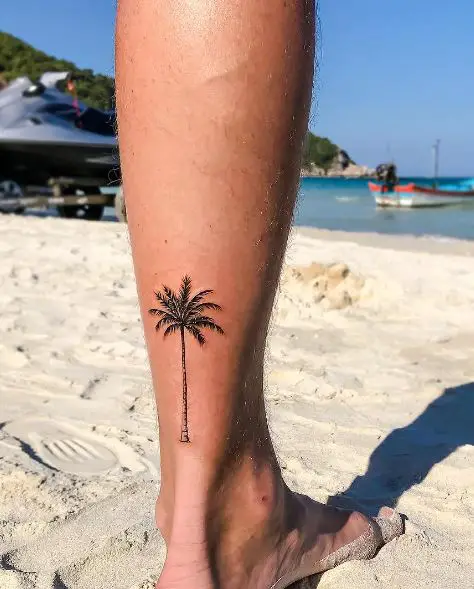 Realistic Black Minimalistic Palm Tree Calf Tattoo