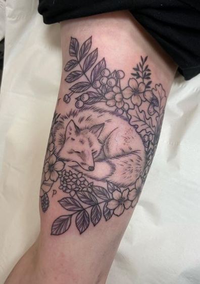 Flowers and Fox Inner Biceps Tattoo