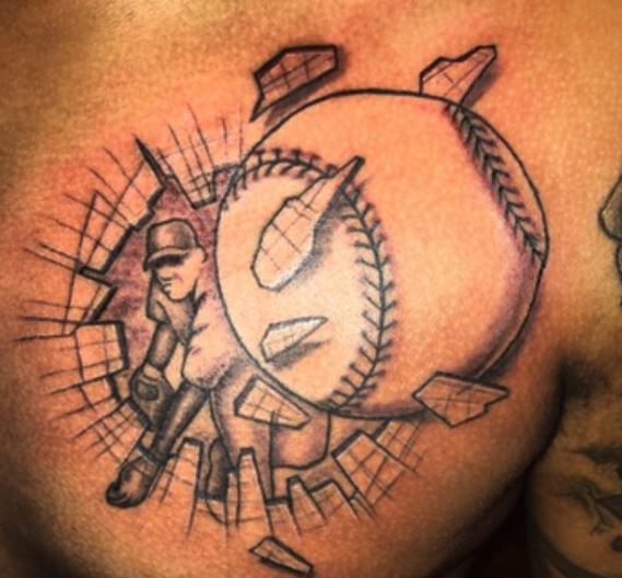 Pitcher Breaks Glass with Baseball Ball Chest Tattoo