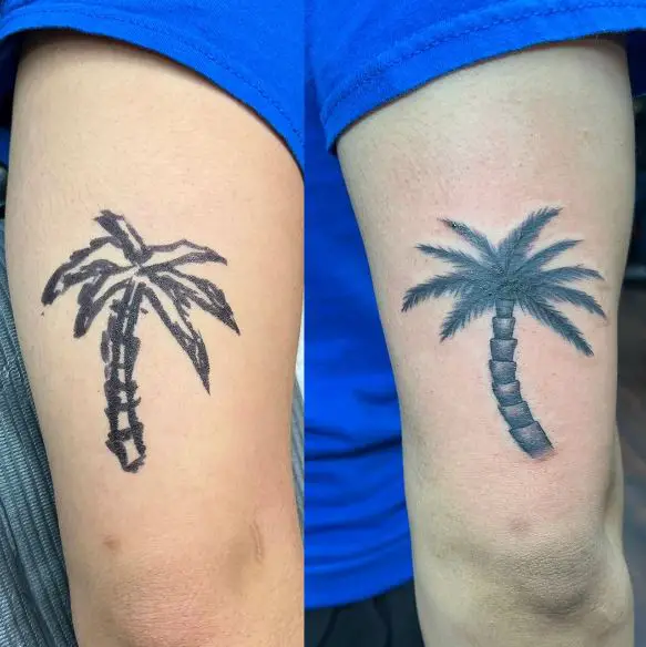 Grey Shaded Minimalistic Palm Tree Arm Tattoo