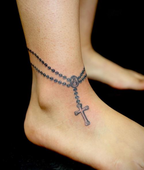 Black and Grey Rosary Ankle Tattoo