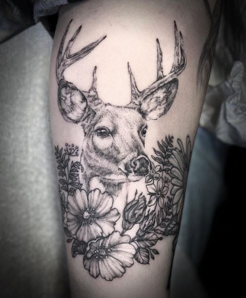 Flowers and Deer Inner Biceps Tattoo