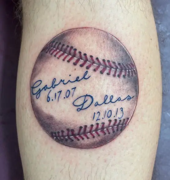 Baseball Ball with Autograph and Dates Arm Tattoo