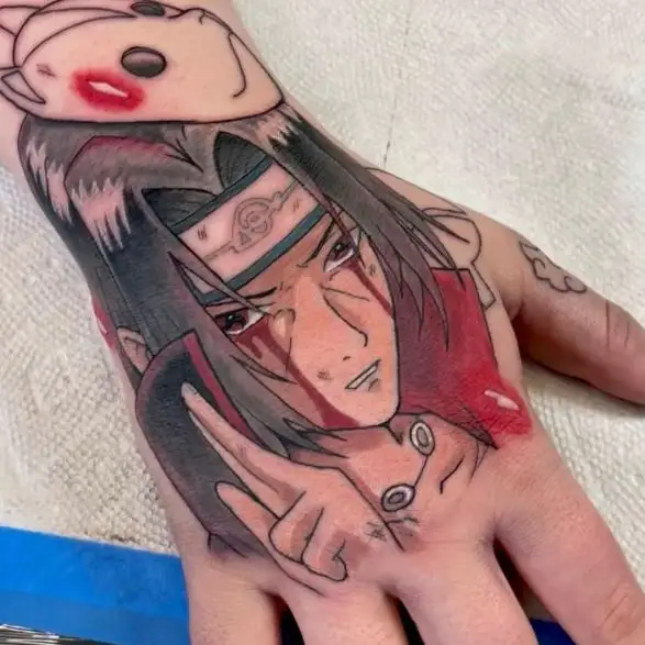 Colored Itachi Uchiha with Anbu Mask Hand Tattoo