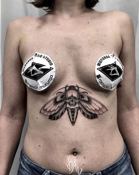 Black and Grey Gothic Moth with Skull Stomach Tattoo