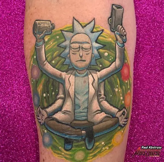 Colorful Rick Sanchez with Four Arms Leg Tattoo