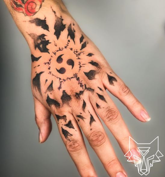 Black Sasuke Curse Mark Hand Tattoo