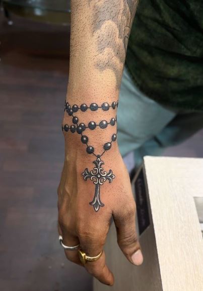 Black and White Rosary Wrist and Hand Tattoo