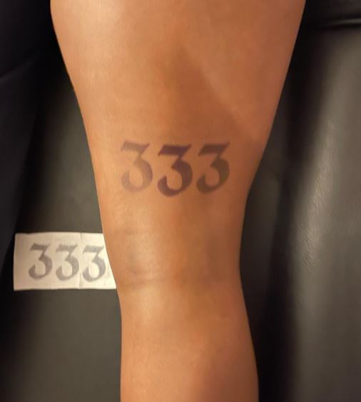 Grey 333 Angel Number Back Thigh Tattoo