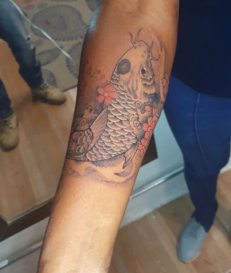Red Flowers and Koi Fish Forearm Half Sleeve Tattoo
