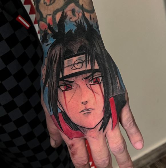 Colorful Itachi Uchiha Hand Tattoo