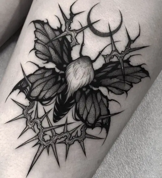 Black and Grey Thorns and Gothic Moth Leg Tattoo