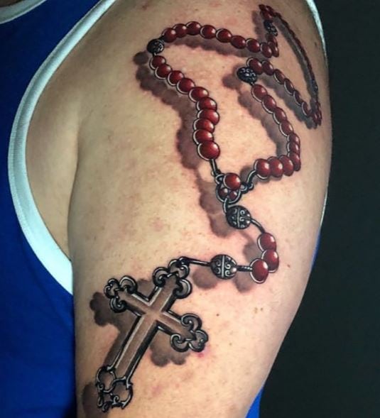 3D Red Rosary with Grey Shaded Cross Arm Tattoo