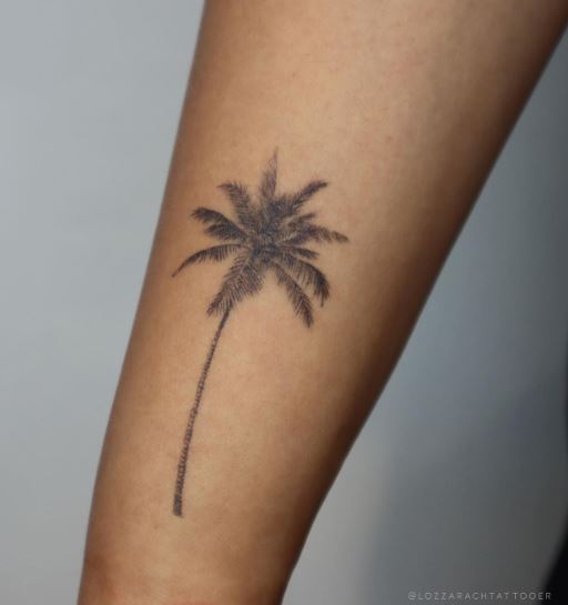 Grey Shaded Detailed Palm Tree Arm Tattoo