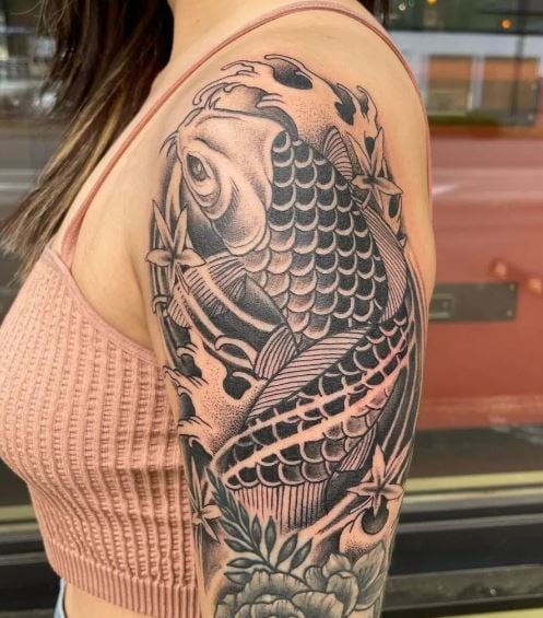 Black and Grey Rose and Koi Fish Arm Half Sleeve Tattoo