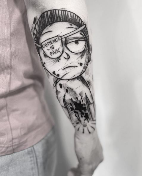Sketched Morty Smith with Eye Patch Forearm Tattoo