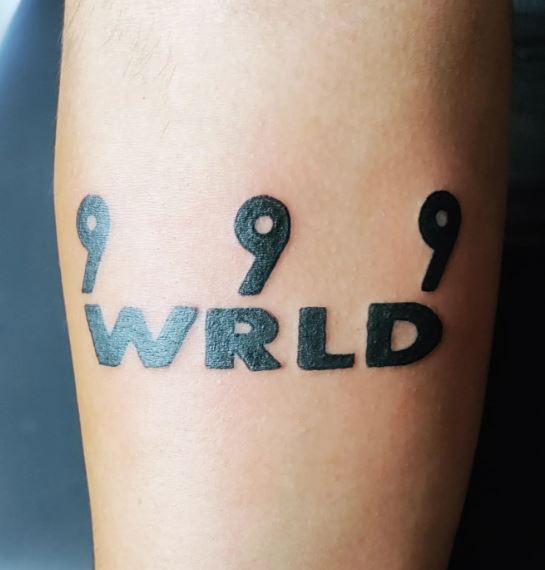 Black Bold 999 WRLD Arm Tattoo