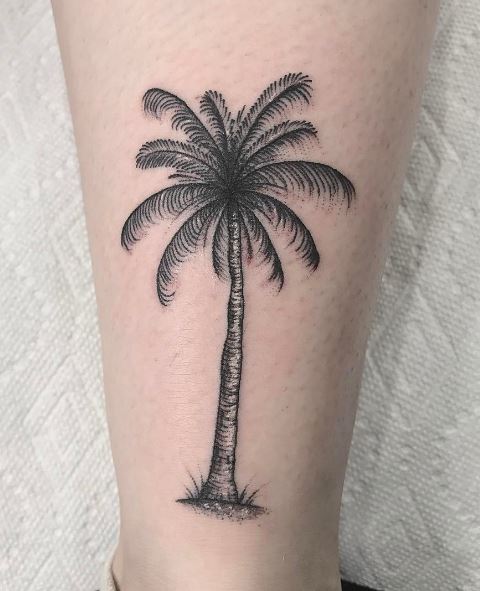 Realistic Black Detailed Palm Tree Calf Tattoo