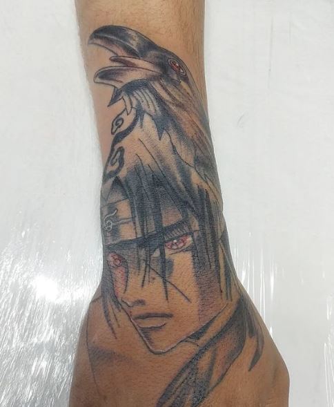 Grey Shaded Crow and Itachi Uchiha Hand Tattoo