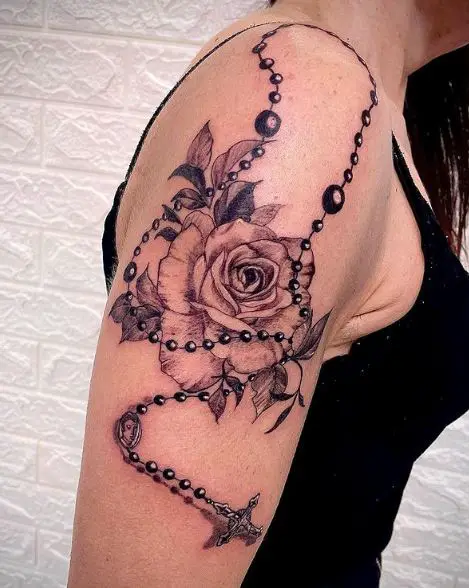 Black and Grey Rose and Rosary Arm Tattoo