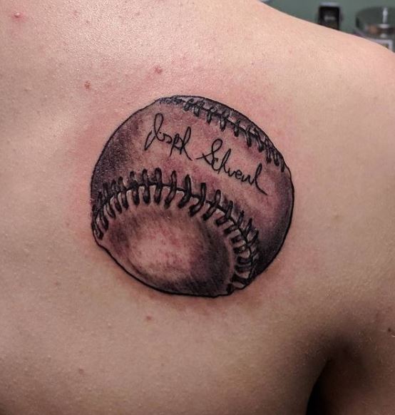 Grey Shaded Baseball Ball with Autograph Shoulder Tattoo