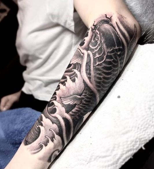 Black and Grey Koi Fish Forearm Half Sleeve Tattoo