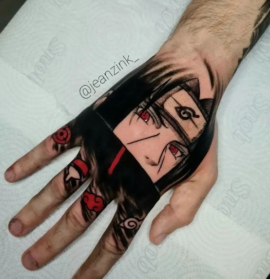 Black and Red Itachi Uchiha Hand Tattoo