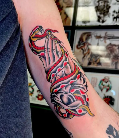 Colorful Praying Hands and Snake Inner Biceps Tattoo