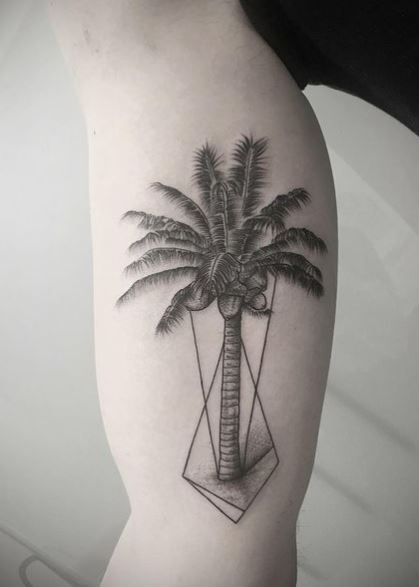 Detailed Palm Tree with Acorns Biceps Tattoo