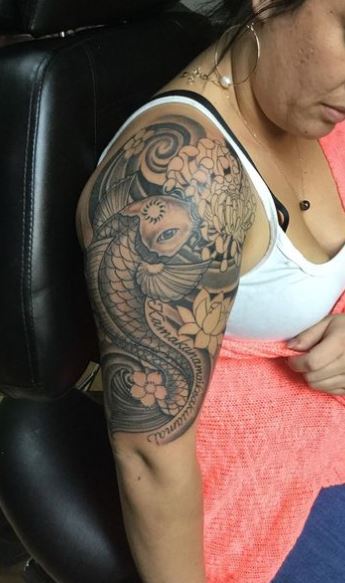 Black and Grey Flowers and Koi Fish Arm Half Sleeve Tattoo