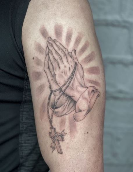 Praying Hands with Rosary Biceps Tattoo