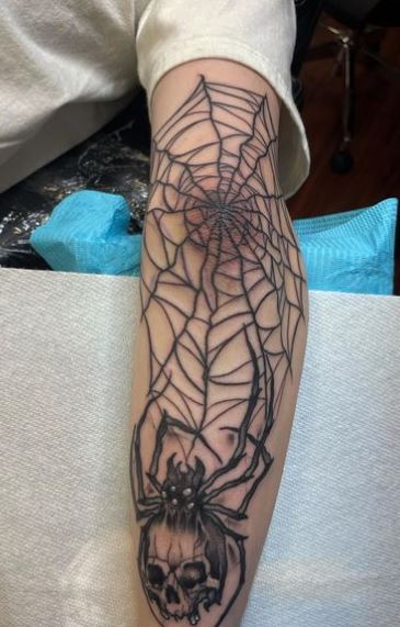 Black and Grey Spider Web and Gothic Spider with Skull Arm Tattoo