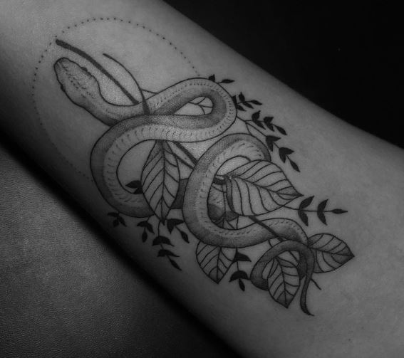 Black and Grey Leaves and Snake Inner Biceps Tattoo