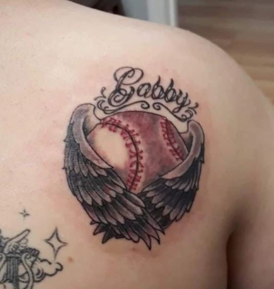 Name and Baseball Ball with Wings Shoulder Tattoo