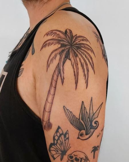 Grey Detailed Palm Tree Shoulder Tattoo