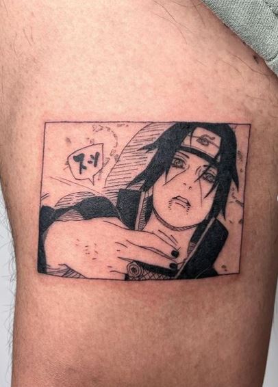 Black and Grey Itachi Uchiha Thigh Tattoo