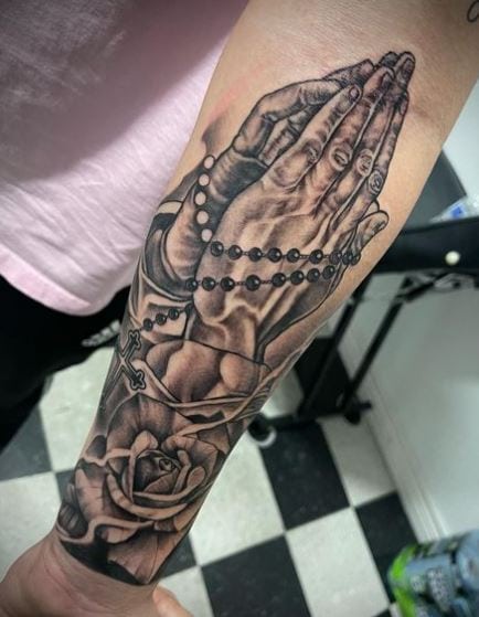 Rose and Praying Hands with Rosary Forearm Tattoo