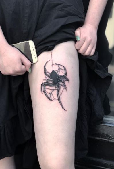Black Spider Web and Gothic Spider Thigh Tattoo
